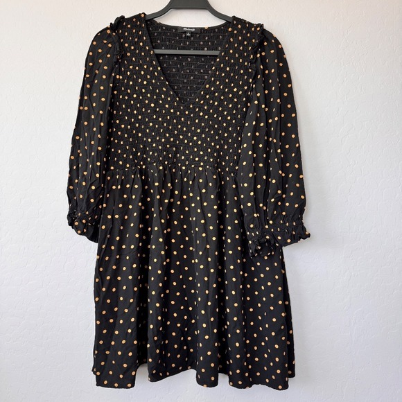 Madewell Smocked Polka Dot Mini‎ Dress Ruffle Long Sleeve Black Gold M - Picture 1 of 6